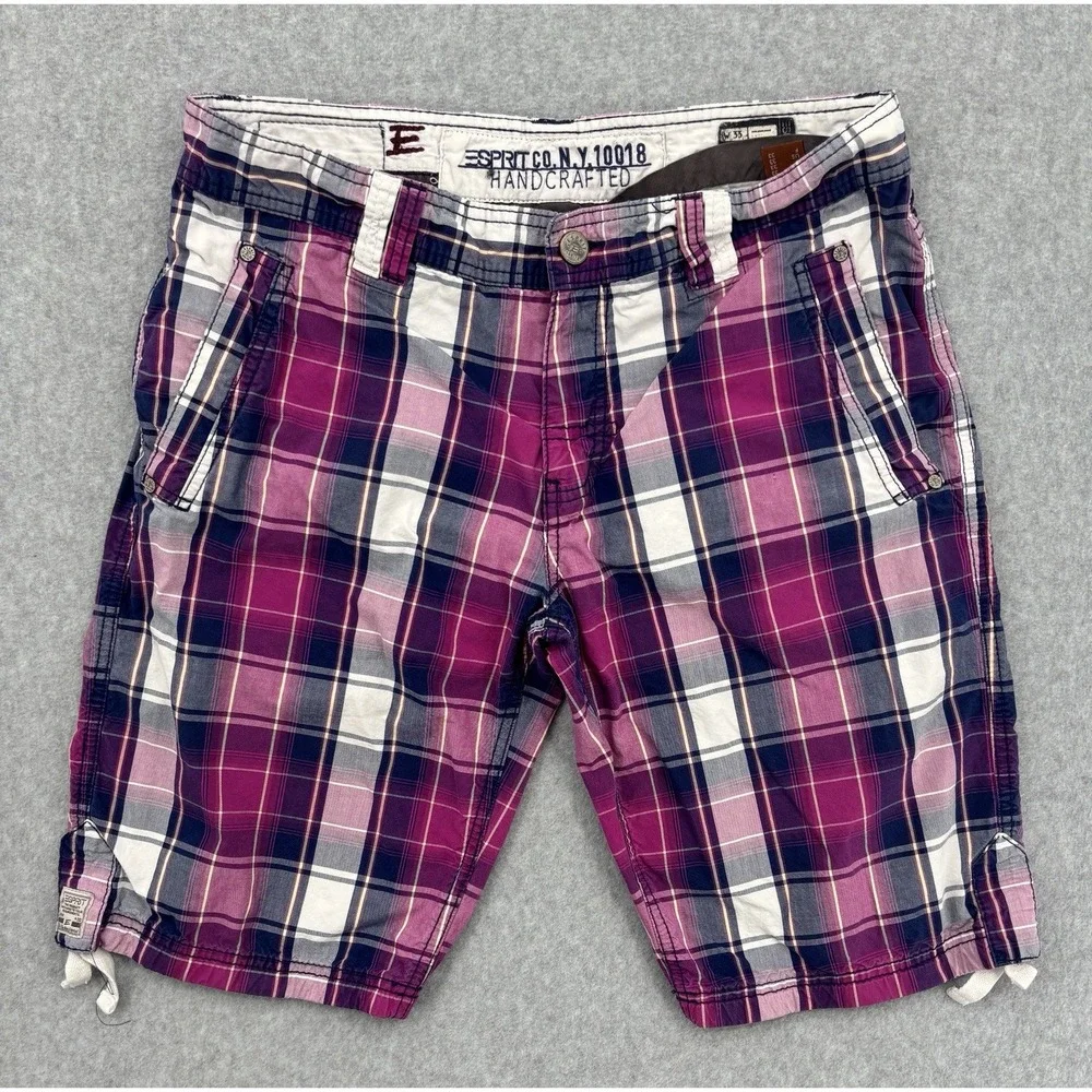 Esprit Mens W33 Plaid Cargo Shorts Pink Navy Cotton Drawstring Y2K